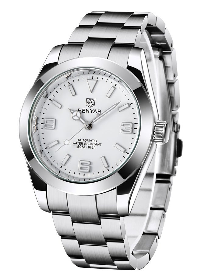 BENYAR Men's casual automatic watch stainless steel strap men's luminous watch 50 meters waterproof BY-5177 silver white  - Image 1