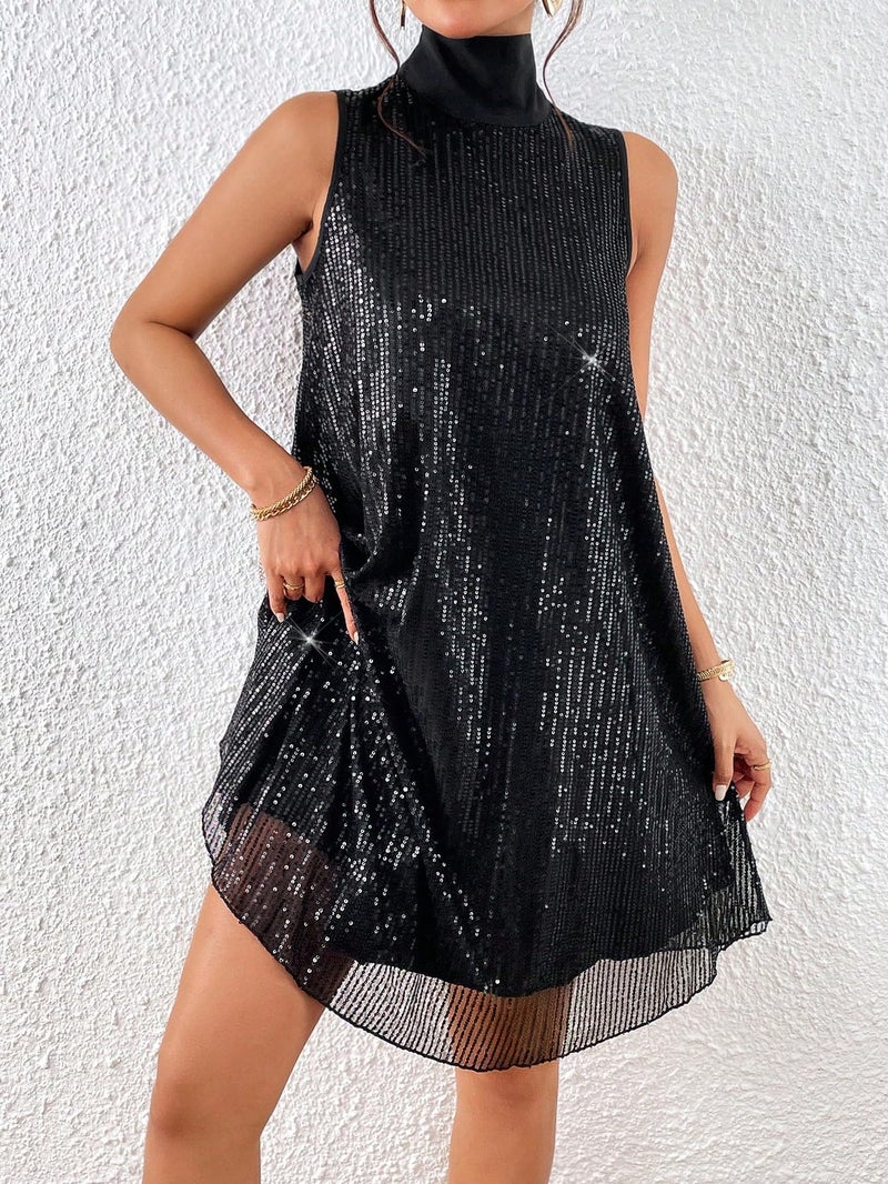 Floerns Women's Contrast Sequin Sleeveless Tank Dress High Neck Bow Shiny Party Dress Black Medium - Image 4