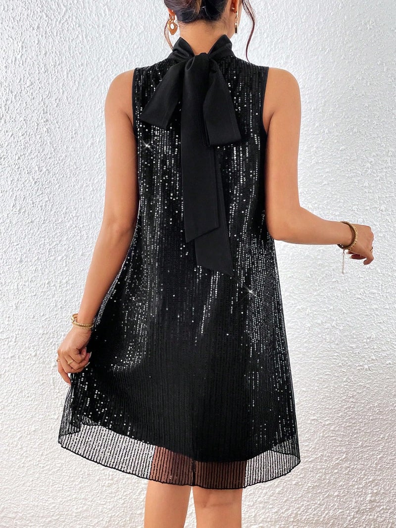 Floerns Women's Contrast Sequin Sleeveless Tank Dress High Neck Bow Shiny Party Dress Black Medium - Image 2