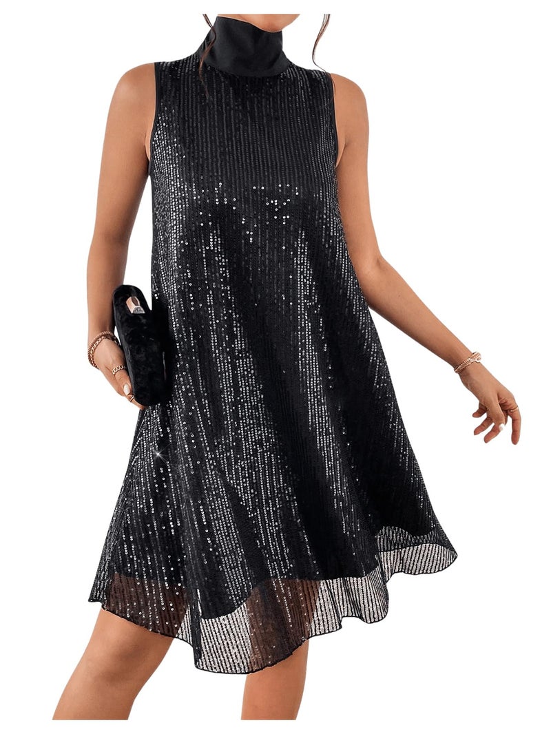 Floerns Women's Contrast Sequin Sleeveless Tank Dress High Neck Bow Shiny Party Dress Black Medium - Image 1