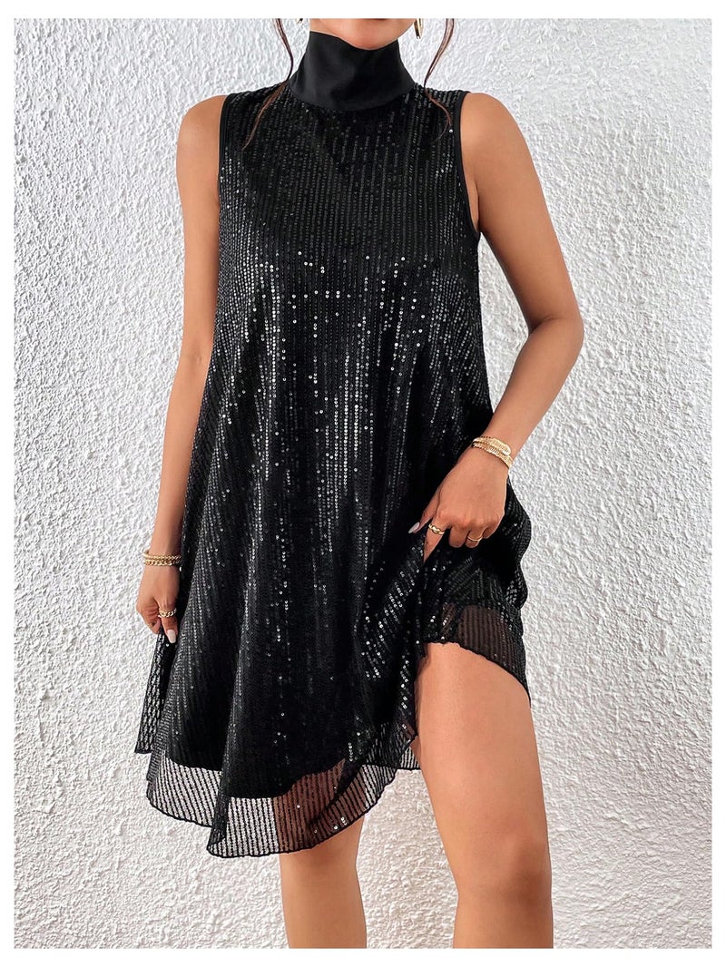 Floerns Women's Contrast Sequin Sleeveless Tank Dress High Neck Bow Shiny Party Dress Black Medium - Image 3