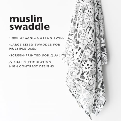 Wee Gallery, Organic Muslin Swaddle - Nordic - Woodland Animals Design, Black and White for Baby Visual Development, Quality Cotton Swaddling or Receiving Blanket - Image 2