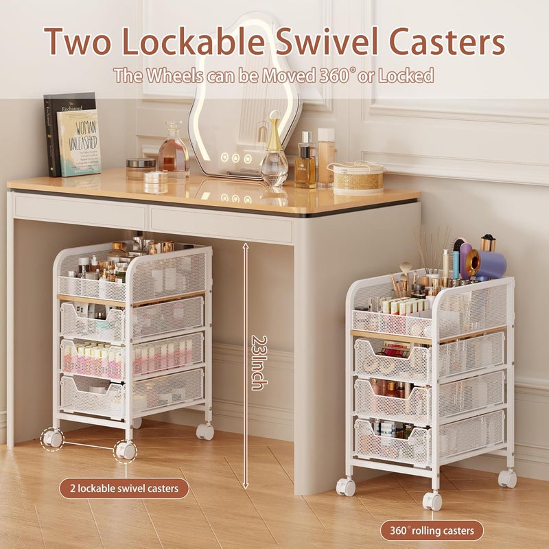 Jakyitvi Rolling Makeup Cart Organizer with 3 Drawers, 4-Tier Narrow Floor Skincare Organizers with dividers, Vanity Organizer Cosmetics Display Cases for Makeup Brush, Hair Tool, White - Image 3