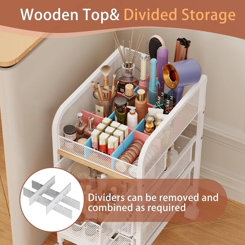 Jakyitvi Rolling Makeup Cart Organizer with 3 Drawers, 4-Tier Narrow Floor Skincare Organizers with dividers, Vanity Organizer Cosmetics Display Cases for Makeup Brush, Hair Tool, White - Image 2