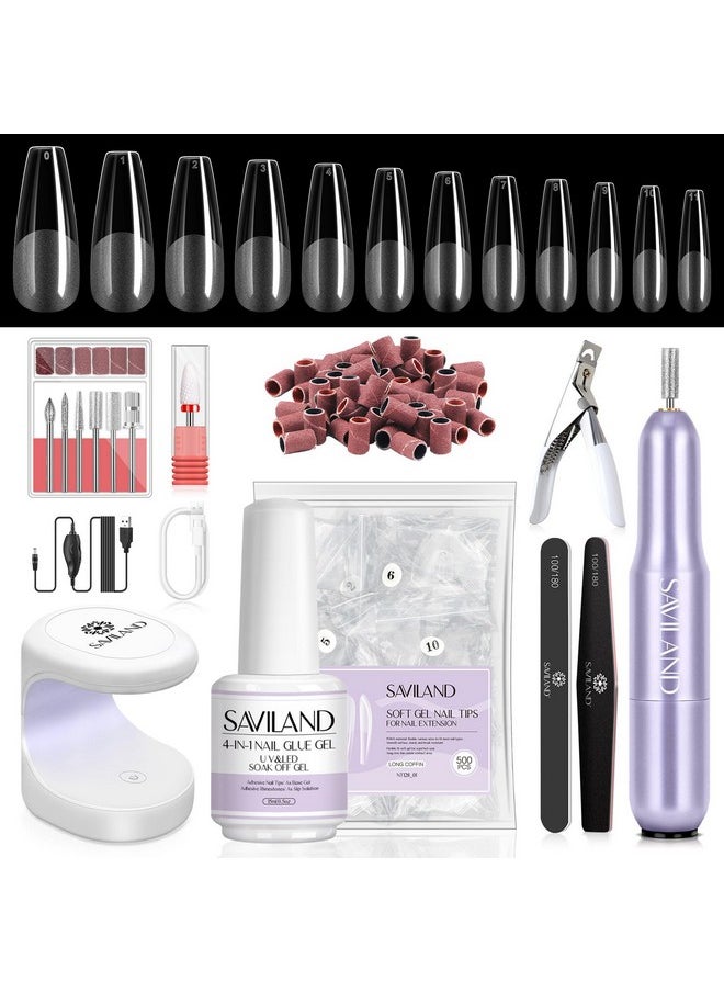 Saviland Gel X Nail Kit: Allin1 Beginner Gel Nail Kit With Nail Drill 0.5Oz Nail Glue Gel 500Pcs Long Coffin Nail Tips U V Lamp Acrylic Nail Kit Home Salon Diy Nail Art Gel Kit Manicure Gift  - Image 1