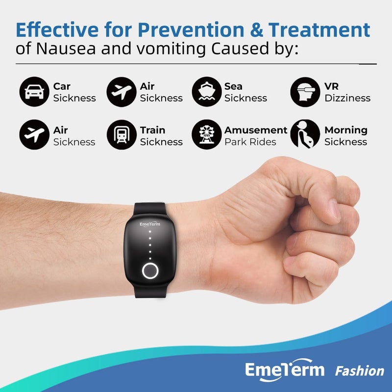 EmeTerm Fashion FDA Cleared Relieve Nausea Electrode Stimulator Morning Sickness Motion Travel Sickness Vomit Relief Rechargeable No Gel Drug Free Wrist Bands Without Side Effects (Jet Black) - Image 2