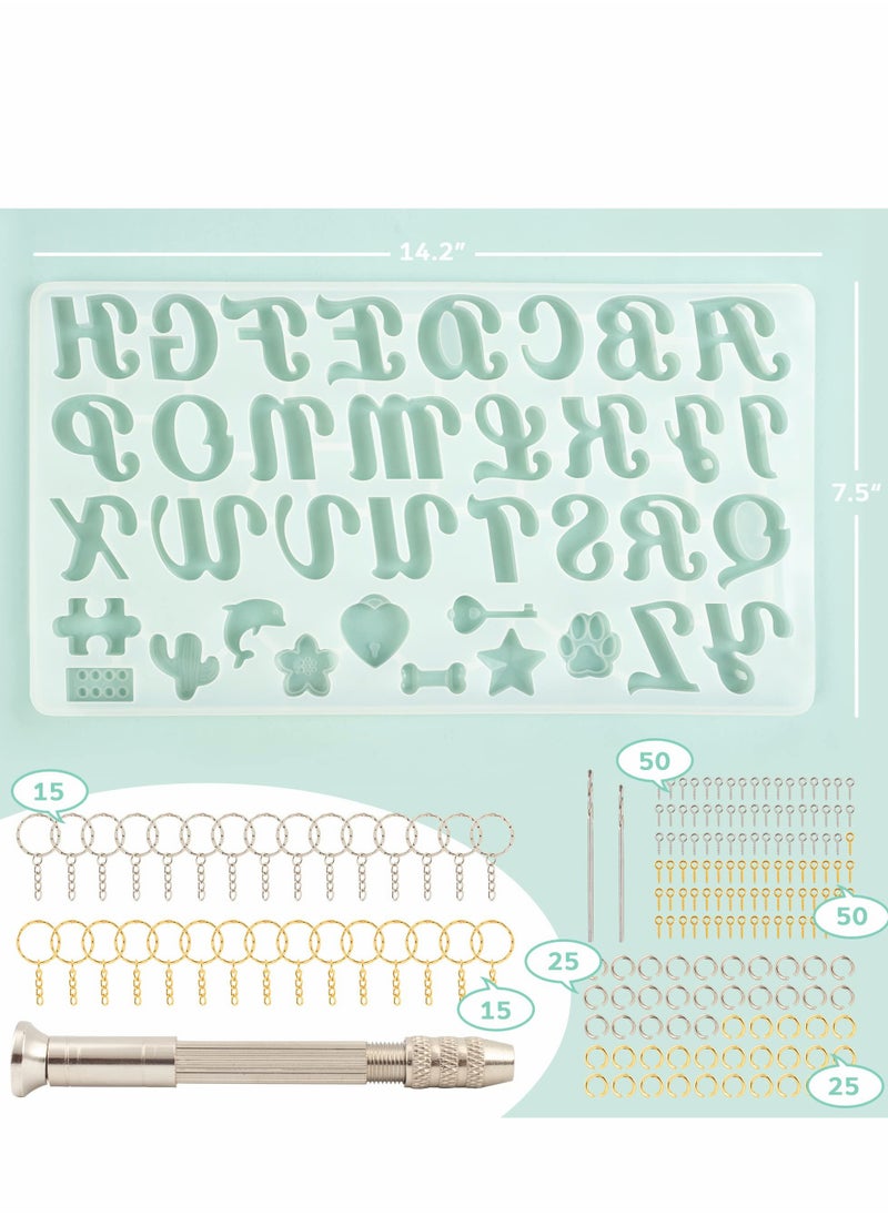 Excefore - 182Pcs Silicone Alphabet Resin Molds Kit, Letter Number Epoxy Casting Keychain Making Set with 1 Hand Drill 2 Bits 30 Key Rings 100 Screw Pins - Image 1