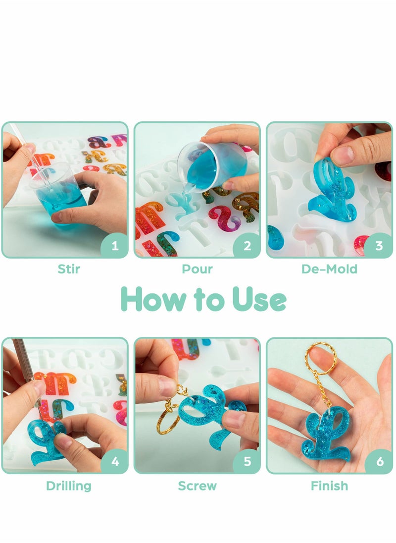 Excefore - 182Pcs Silicone Alphabet Resin Molds Kit, Letter Number Epoxy Casting Keychain Making Set with 1 Hand Drill 2 Bits 30 Key Rings 100 Screw Pins - Image 1