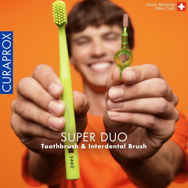 كيورا بروكس فرشاة أسنان Curaprox CS 5460 فائقة النعومة وفرشاة بين الأسنان CPS Prime Super Duo، فرشاة أسنان يدوية للبالغين بشعيرات فائقة الدقة، نظام إزالة البلاك للثة الحساسة، مجموعة العناية بالفم السويسرية - Image 1