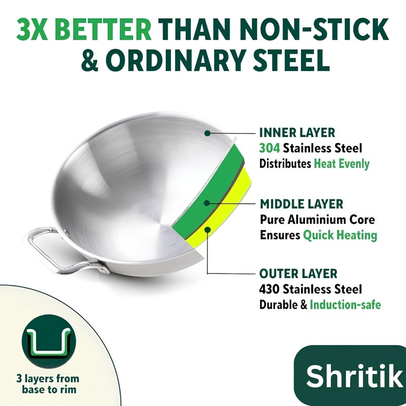 Shritik Triply Stainless Steel Kadai with Lid (28cm, 4.1L) | 2.5 mm Thick | Triply Kadai with Heavy Bottom | Induction Friendly Triply Stainless Steel Cookware Kadhai | 5 Year Warranty - Image 4