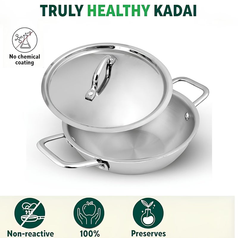 Shritik Triply Stainless Steel Kadai with Lid (28cm, 4.1L) | 2.5 mm Thick | Triply Kadai with Heavy Bottom | Induction Friendly Triply Stainless Steel Cookware Kadhai | 5 Year Warranty - Image 2