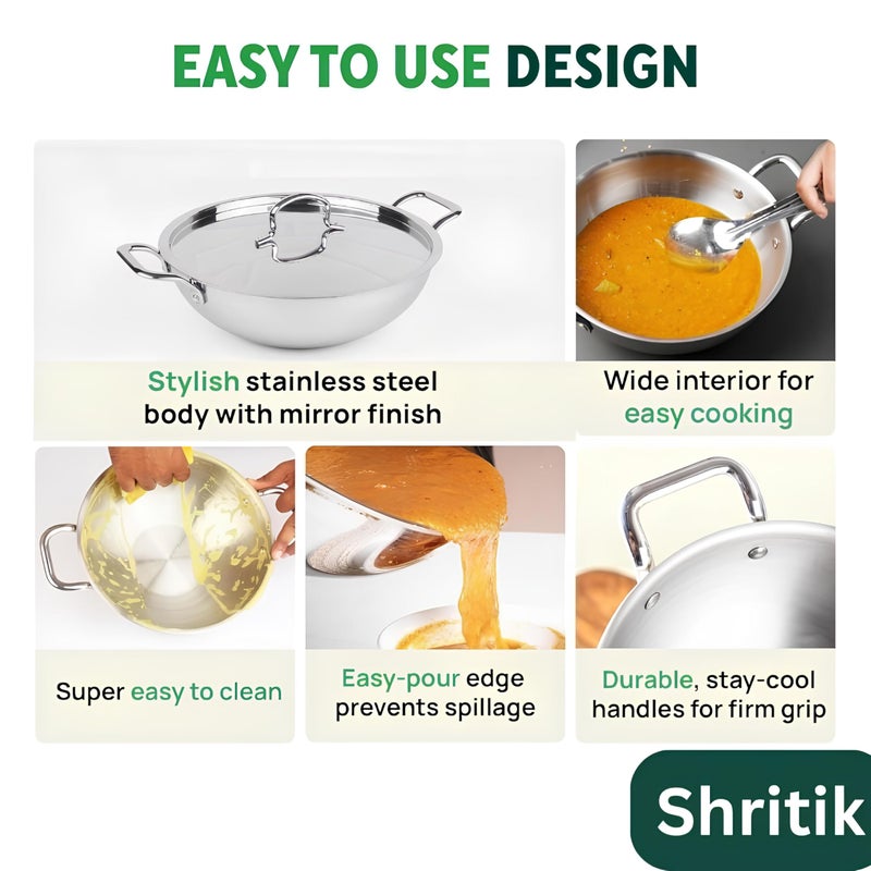 Shritik Triply Stainless Steel Kadai with Lid (28cm, 4.1L) | 2.5 mm Thick | Triply Kadai with Heavy Bottom | Induction Friendly Triply Stainless Steel Cookware Kadhai | 5 Year Warranty - Image 5