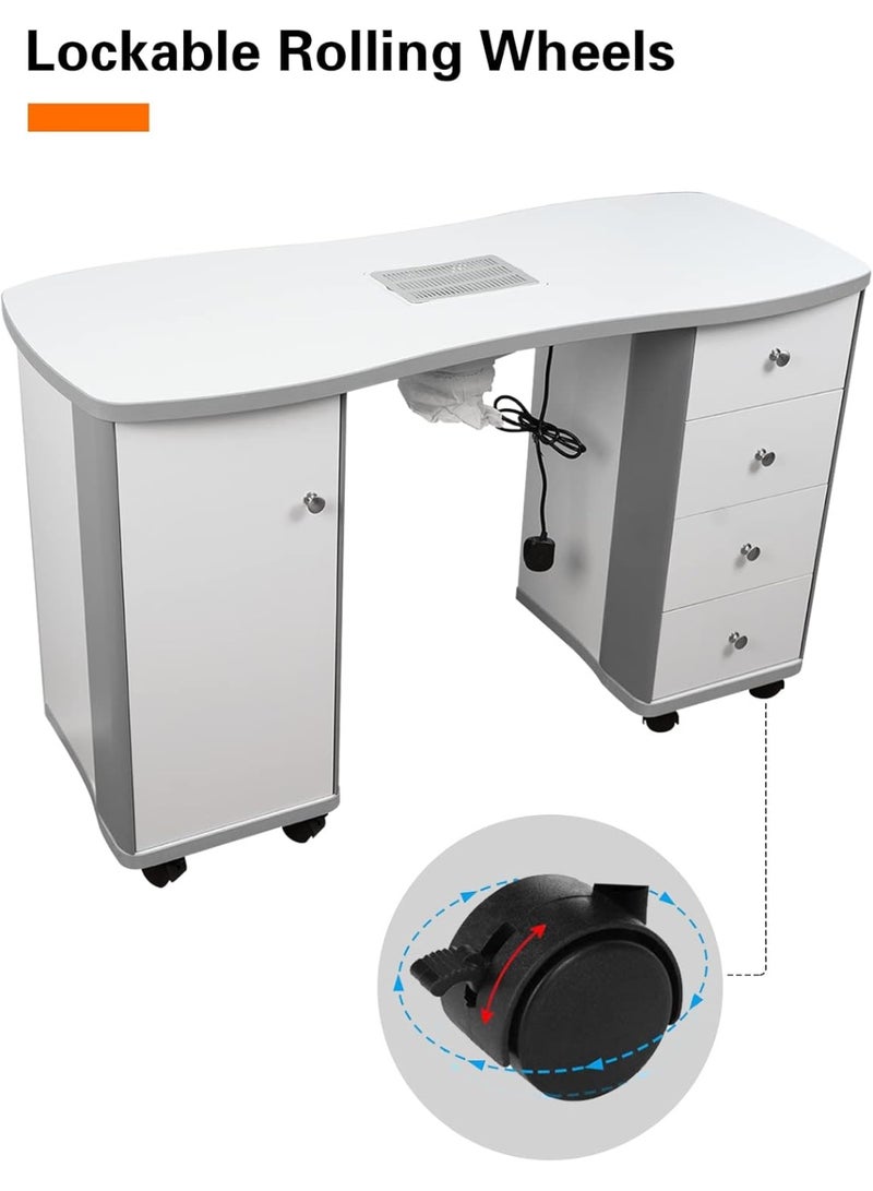 Meishida Manicure Table Nail Desk with Dust Collector Professional Nail Tech Table for Technician Spa Salon Workstation, Wrist Pad Lockable Wheels, w/Cabinet, Drawers  - Image 3