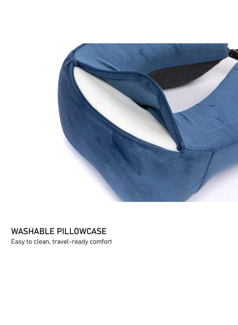 TOM CRUISER Memory Foam Travel Neck Pillow, Ergonomic U-Shaped Cervical Support Pillow with Breathable Dual-Fabric Cover, Adjustable Toggle & Removable Washable Cover, Navy Blue - Image 3