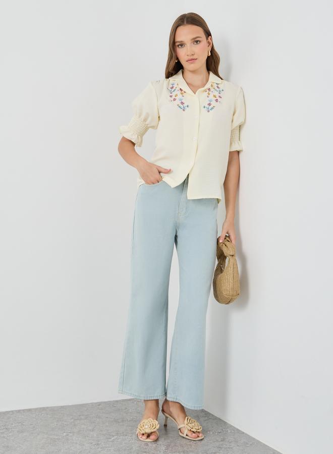 تايك تو جينز واسع الساق بخصر متوسط بلون سادة - Image 1