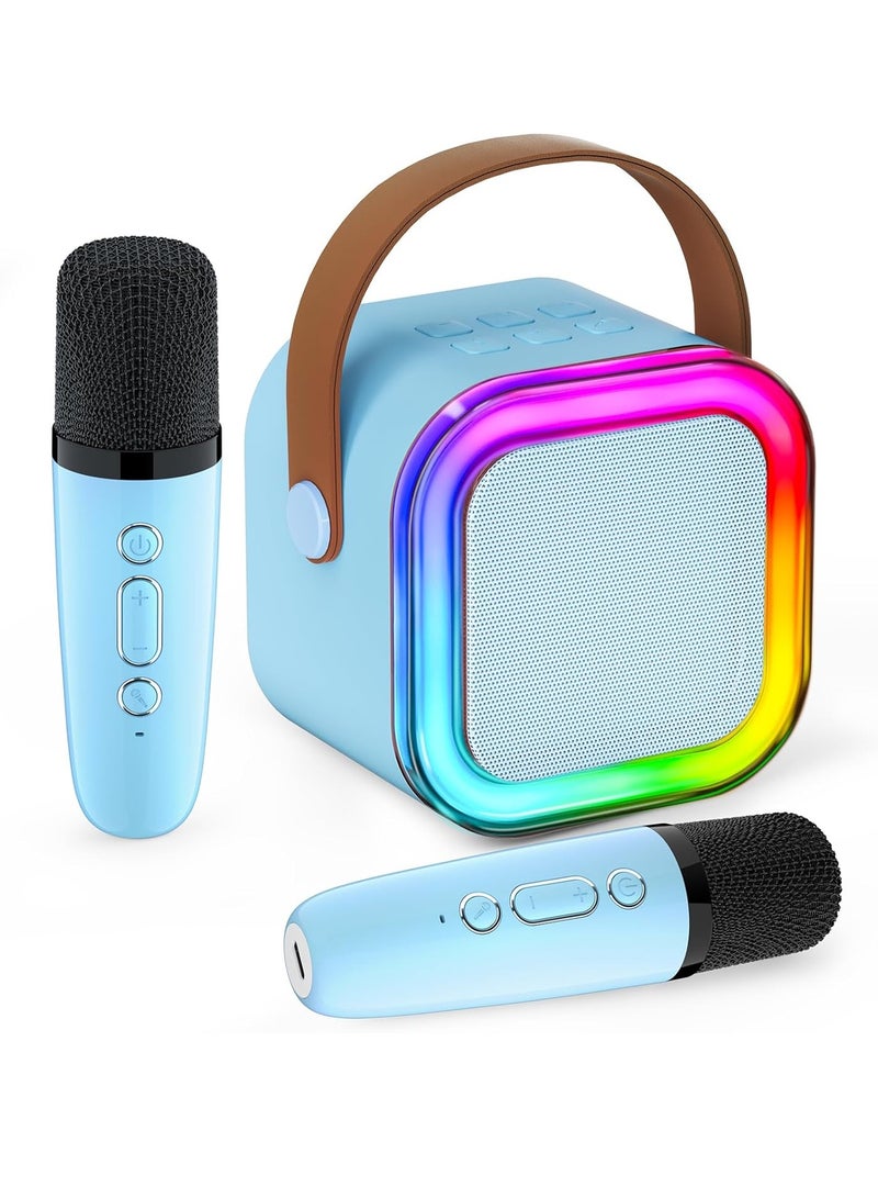 Mini Karaoke Machine for Kids Adult Birthday Gift, Portable Bluetooth Karaoke Speaker with 2 Wireless Microphones and LED Colored Lights for Family Birthday Party (Blue) - Image 1
