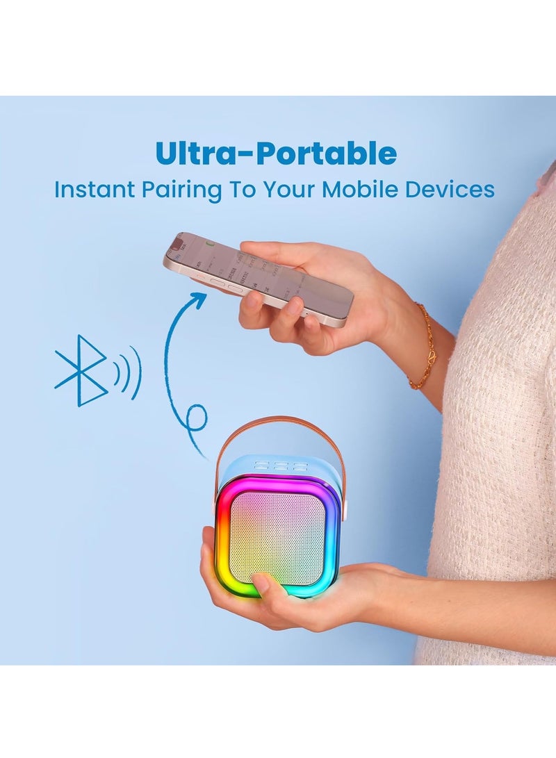 Mini Karaoke Machine for Kids Adult Birthday Gift, Portable Bluetooth Karaoke Speaker with 2 Wireless Microphones and LED Colored Lights for Family Birthday Party (Blue) - Image 4