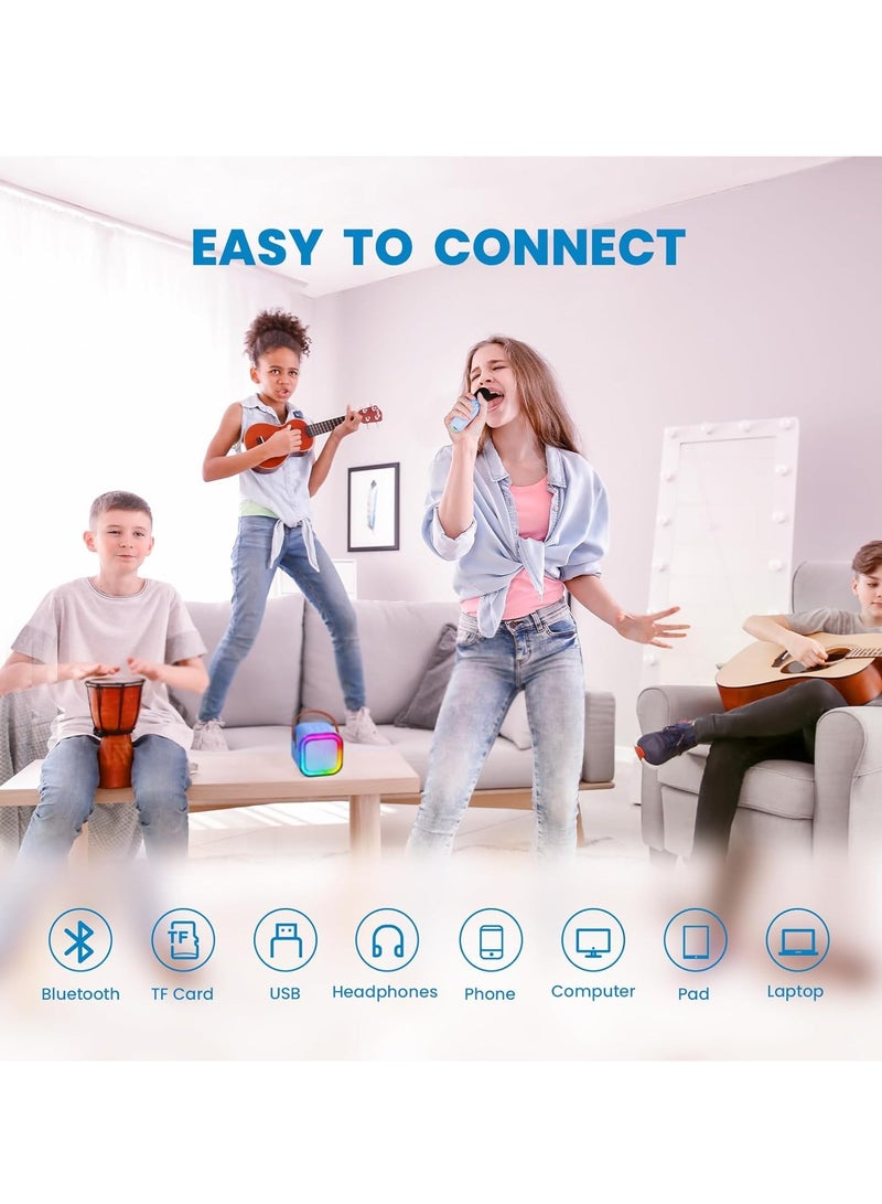 Mini Karaoke Machine for Kids Adult Birthday Gift, Portable Bluetooth Karaoke Speaker with 2 Wireless Microphones and LED Colored Lights for Family Birthday Party (Blue) - Image 3