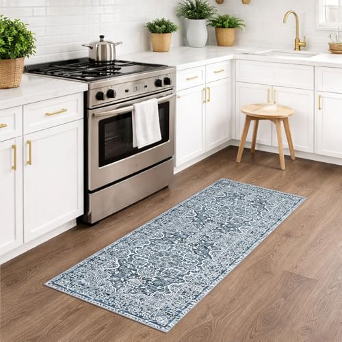 KUTA Vintage Washable Runner Rug, 2x5 Runners Non-Slip Blue White 5ft Hallway Kitchen Rugs Ultra Soft Printed Floral Distressed Tribal Farmhouse Carpet for Bedroom Entryway Decor - Image 2