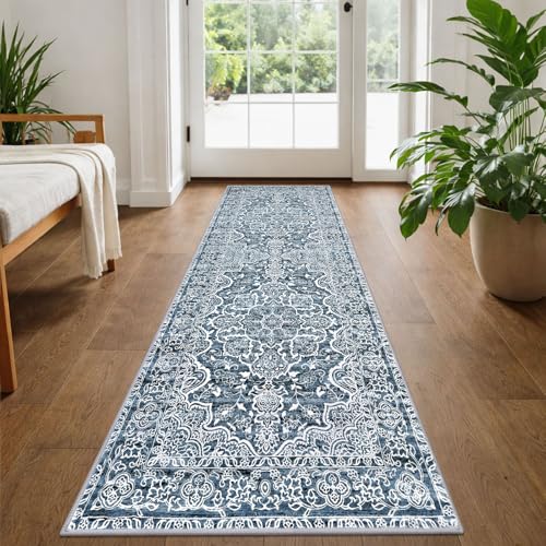 KUTA Vintage Washable Runner Rug, 2x5 Runners Non-Slip Blue White 5ft Hallway Kitchen Rugs Ultra Soft Printed Floral Distressed Tribal Farmhouse Carpet for Bedroom Entryway Decor - Image 1