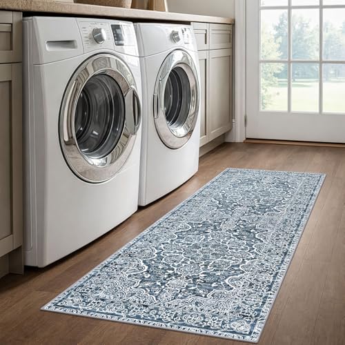 KUTA Vintage Washable Runner Rug, 2x5 Runners Non-Slip Blue White 5ft Hallway Kitchen Rugs Ultra Soft Printed Floral Distressed Tribal Farmhouse Carpet for Bedroom Entryway Decor - Image 3