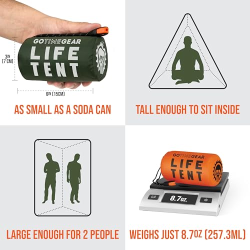 Go Time Gear Camping Gear Mylar Emergency Tent - 2 Person, Orange, Waterproof, 4-Season - Lightweight Backpacking Tent & Survival Kit - Reflects Body Heat, Includes 120dB Whistle & 550lb Paracord - Image 2