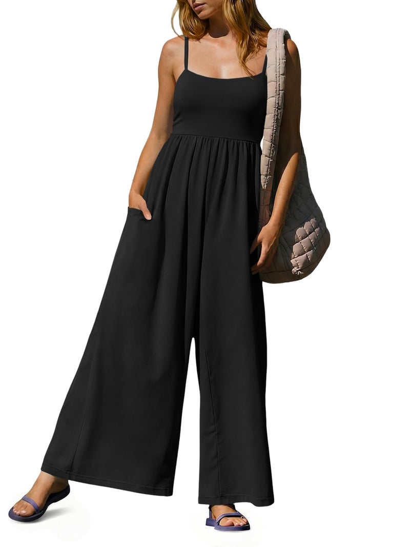 Fisoew Womens Summer Jumpsuits One Piece Casual Loose Overalls Spaghetti Strap Wide Leg Rompers with Pockets Workout Outfits - Image 1