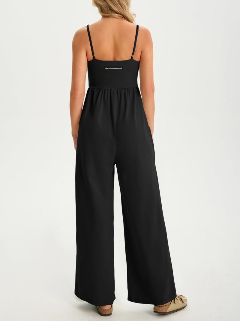 Fisoew Womens Summer Jumpsuits One Piece Casual Loose Overalls Spaghetti Strap Wide Leg Rompers with Pockets Workout Outfits - Image 4