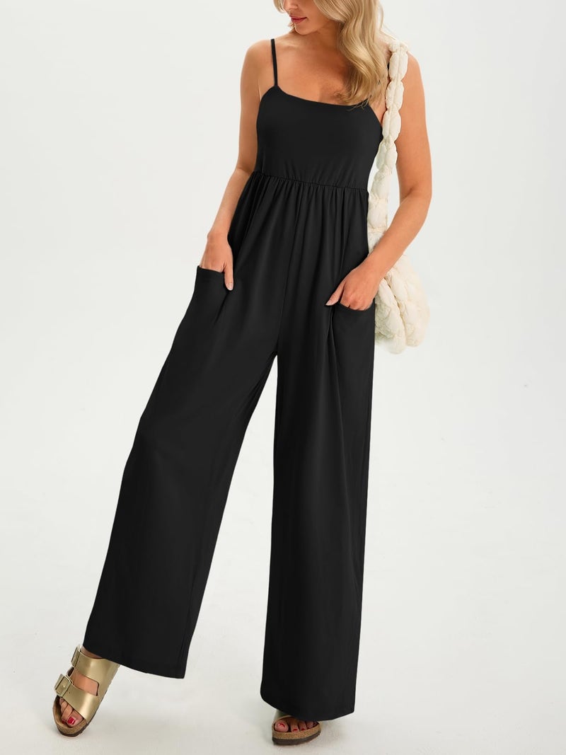 Fisoew Womens Summer Jumpsuits One Piece Casual Loose Overalls Spaghetti Strap Wide Leg Rompers with Pockets Workout Outfits - Image 2
