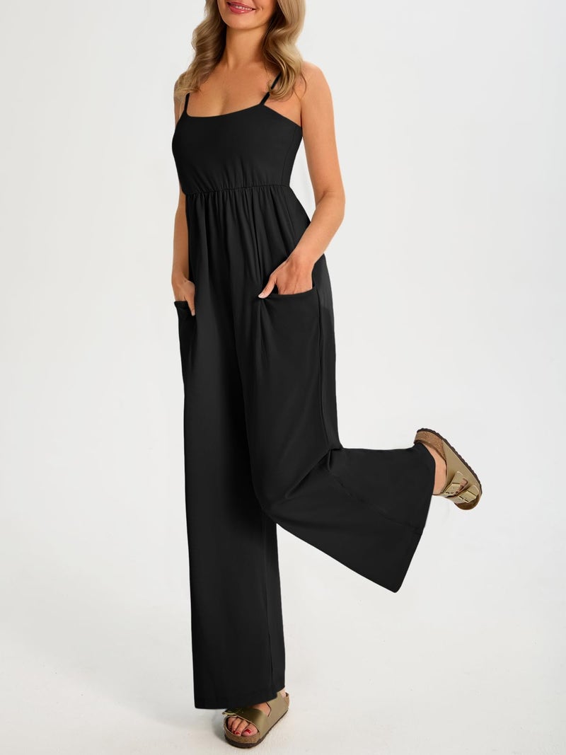 Fisoew Womens Summer Jumpsuits One Piece Casual Loose Overalls Spaghetti Strap Wide Leg Rompers with Pockets Workout Outfits - Image 3