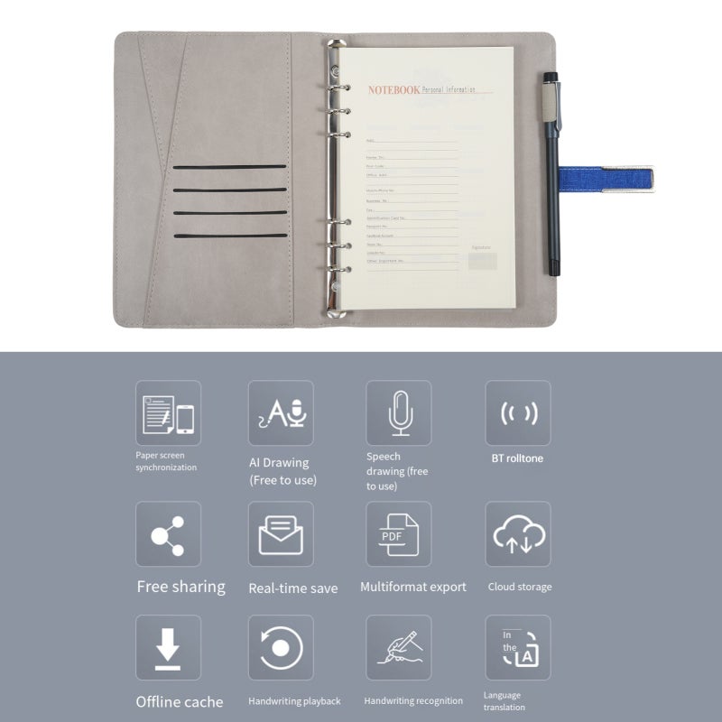 Smart Pen A5 Blue PU Leather Notebook - Real-Time Sync Offline Storage AI Voice-To-Text Conversion for Professionals Students Creative Note-Takers - Image 3