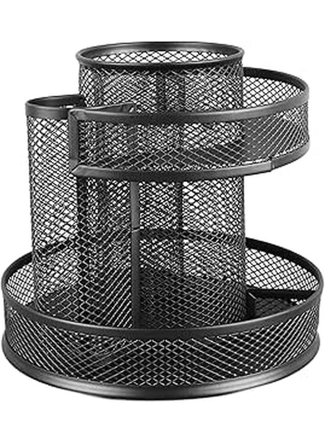 Rotating Metal Mesh Pencil Holder 7 Compartments Black 6 5 X 3 1 Inch - Image 1