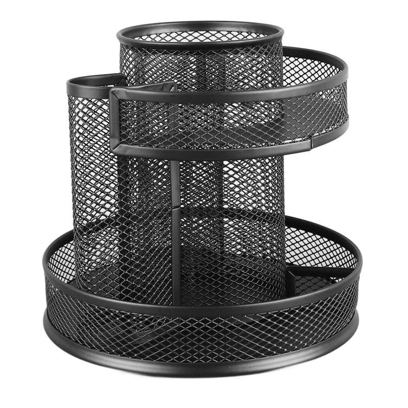 Rotating Metal Mesh Pencil Holder 7 Compartments Black 6 5 X 3 1 Inch - Image 2