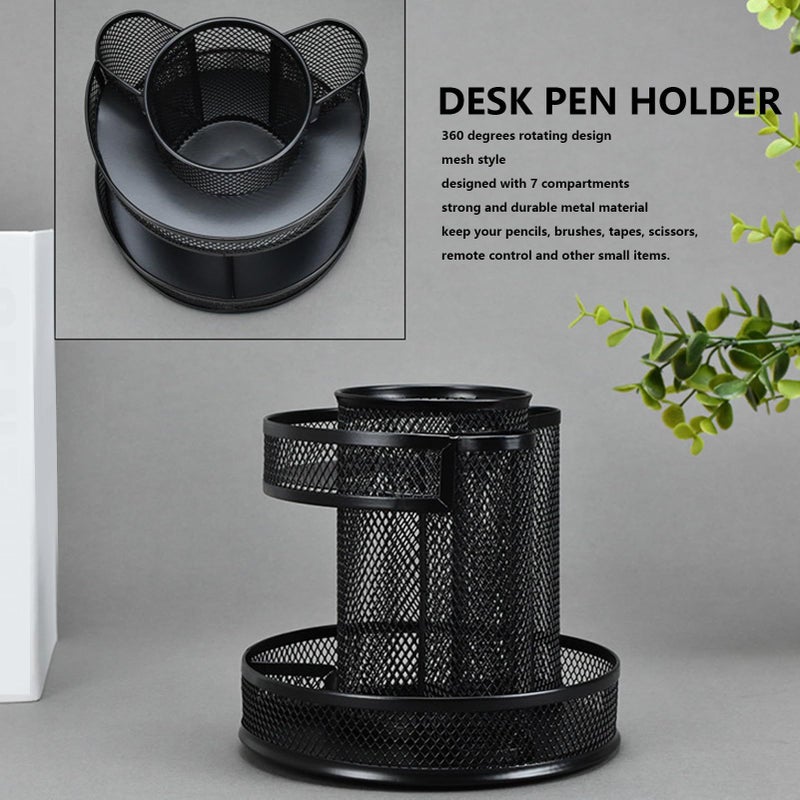 Rotating Metal Mesh Pencil Holder 7 Compartments Black 6 5 X 3 1 Inch - Image 5