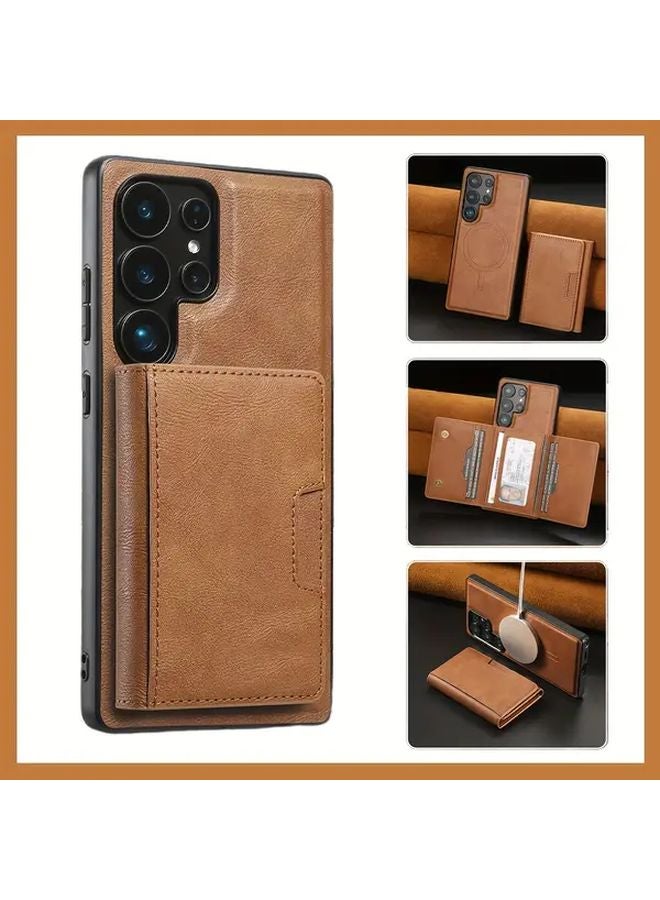 Brown Magnetic Card Holder Case For Samsung Galaxy S25 Plus Phone Protective Cover - Image 1