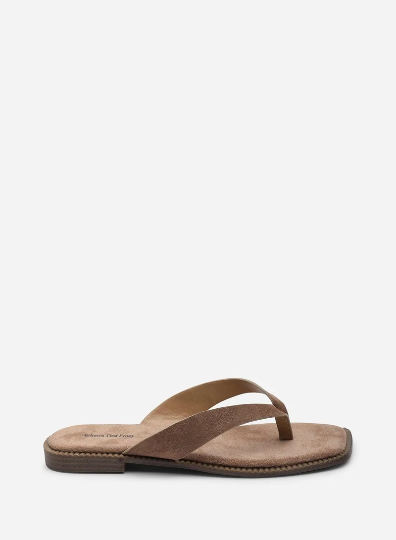 Where's That From Lirena Square Toe Camel Suede Flip Flop Sandal