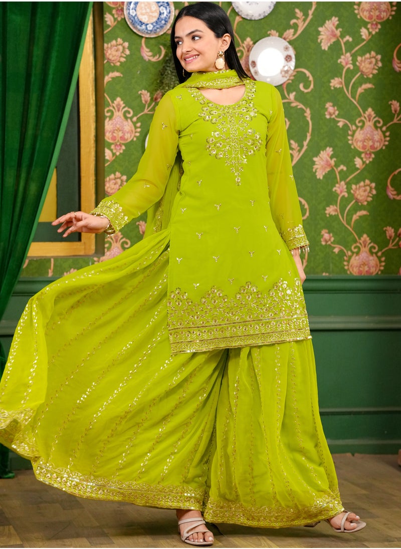 Super Asian Designer Embroidered Georgette Sharara Suit with Sequence Embroidered Work  - Image 2