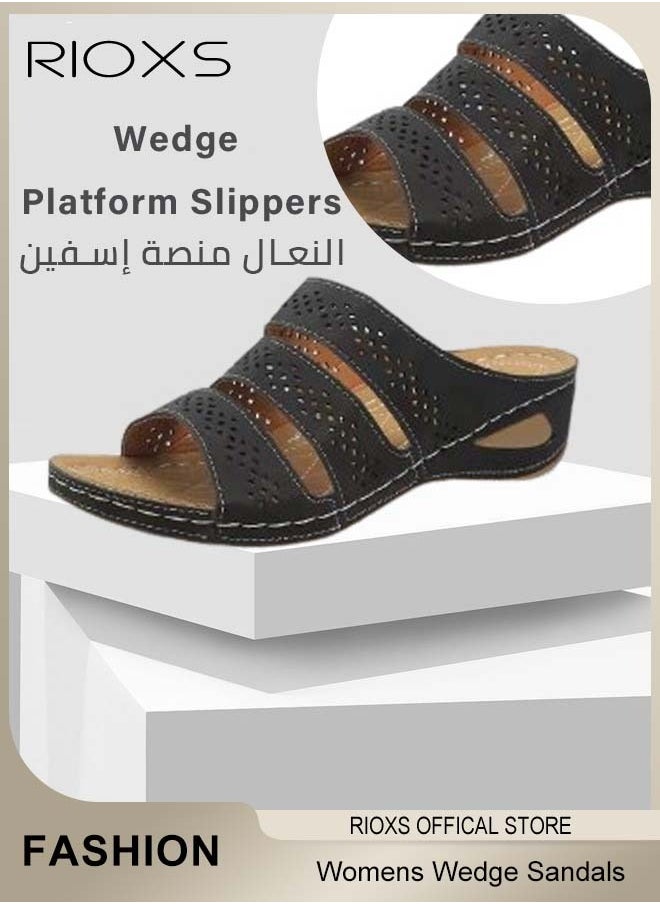 RIOXS Women's Wedge Sandals,Open Toes Hollow Sandals,PU Leather Platform Shoes,Anti-slip Sole Sandals,Comfort Walking,Fashion Casual Slip-on Slippers For Indoor Or Outdoor Use  - Image 3