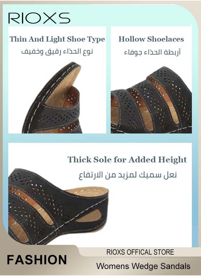 RIOXS Women's Wedge Sandals,Open Toes Hollow Sandals,PU Leather Platform Shoes,Anti-slip Sole Sandals,Comfort Walking,Fashion Casual Slip-on Slippers For Indoor Or Outdoor Use  - Image 5