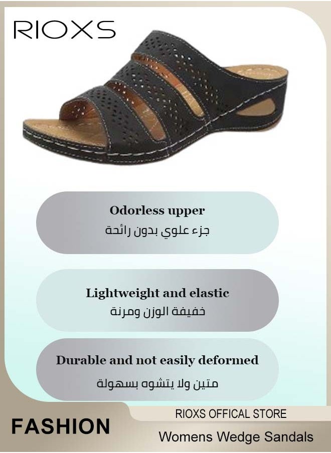 RIOXS Women's Wedge Sandals,Open Toes Hollow Sandals,PU Leather Platform Shoes,Anti-slip Sole Sandals,Comfort Walking,Fashion Casual Slip-on Slippers For Indoor Or Outdoor Use  - Image 4