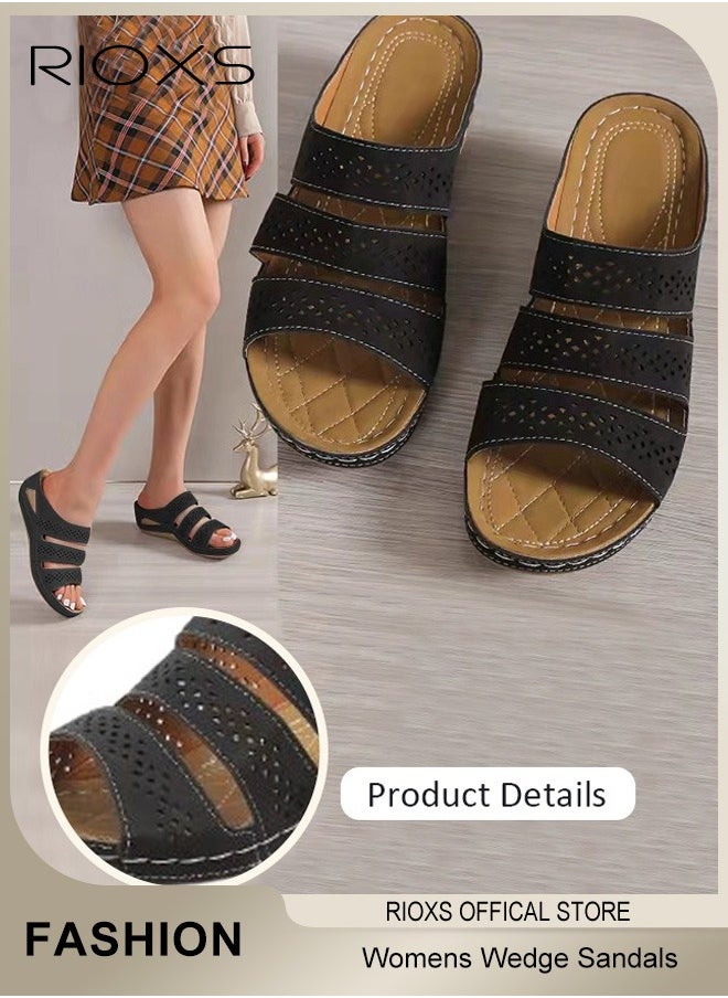 RIOXS Women's Wedge Sandals,Open Toes Hollow Sandals,PU Leather Platform Shoes,Anti-slip Sole Sandals,Comfort Walking,Fashion Casual Slip-on Slippers For Indoor Or Outdoor Use  - Image 1