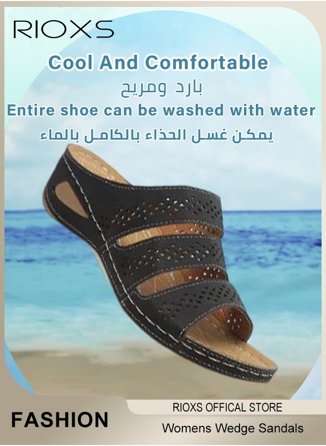 RIOXS Women's Wedge Sandals,Open Toes Hollow Sandals,PU Leather Platform Shoes,Anti-slip Sole Sandals,Comfort Walking,Fashion Casual Slip-on Slippers For Indoor Or Outdoor Use  - Image 2