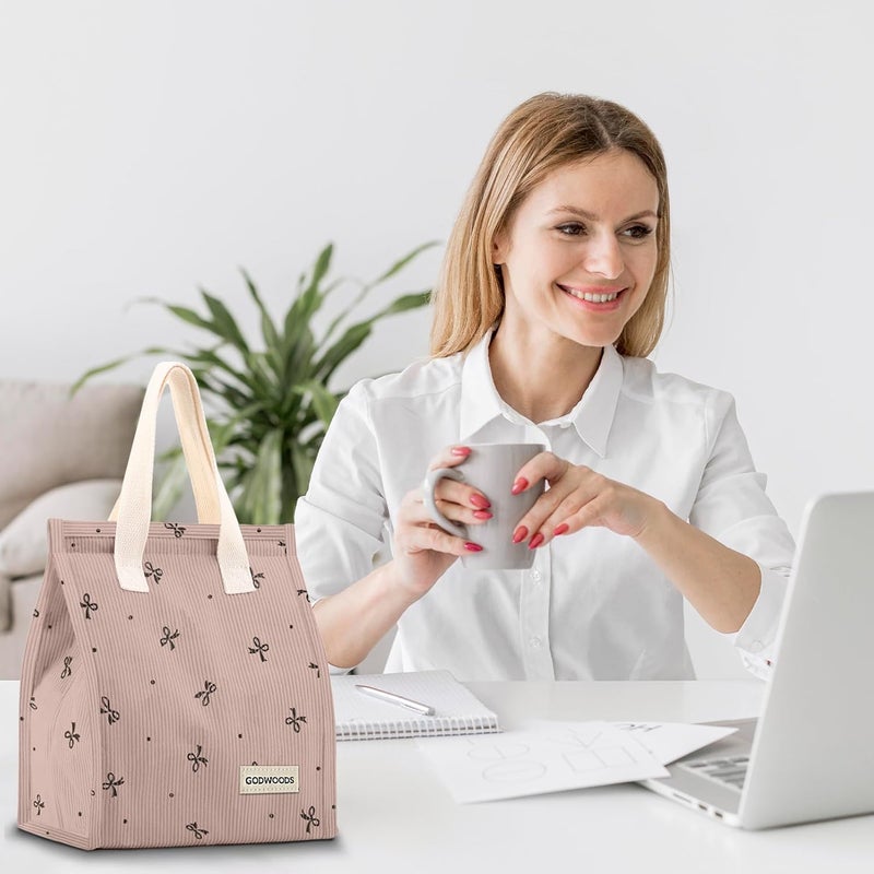 TELLUMO حقيبة غداء من الكوردوروي TELLUMO للنساء والرجال، حقيبة غداء لطيفة مع صندوق غداء معزول بسعة كبيرة (7.5 لتر) حقيبة غداء قابلة لإعادة الاستخدام للعمل والنزهات والشاطئ أو السفر (S- كوردوروي فيونكة وردية) - Image 3