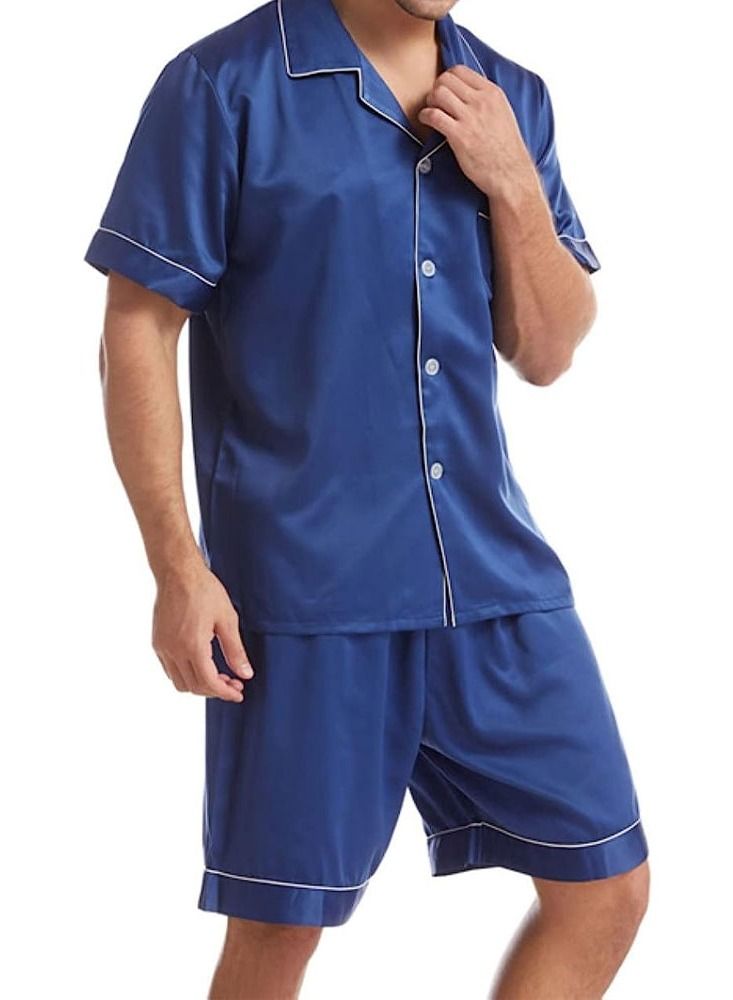 MARGOUN Mens 2pcs Summer Soft Pyjamas Set Short Sleeve Button Down Shirt With Boxer Shorts Blue Large (Shirt Length 28''/Shirt Chest 23''/Pajama Length 20''/Pajama Waist 29'')