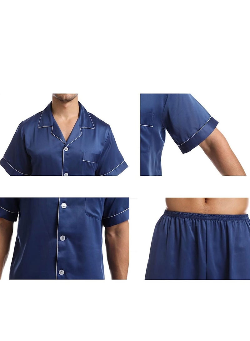 MARGOUN Mens 2pcs Summer Soft Pyjamas Set Short Sleeve Button Down Shirt With Boxer Shorts Blue Large (Shirt Length 28''/Shirt Chest 23''/Pajama Length 20''/Pajama Waist 29'') - Image 5