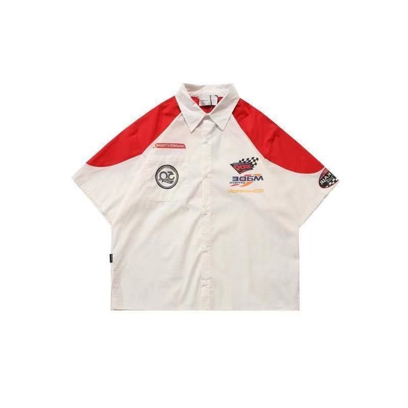 Generic Fried Street Ins Summer Motorcycle Retro Thin American Style Trendy Brand hiphop Shirt Mens Short Sleeve Racing Suit Loose Shirt 61 white printed style
