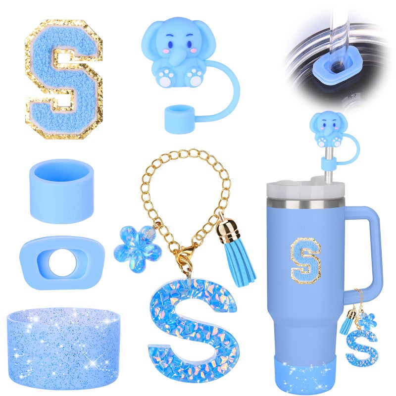 Mity rain Cup Accessories Set for stanley 30 oz 40 oz tumbler with handle Including Initials Charms Straw Cover Cap Boot Sticker Silicone Spill Proof StopperBlue Decorate for Boy Girl Letter S