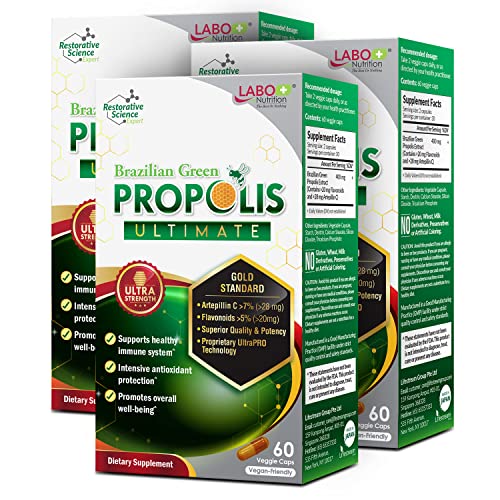 مستخلص بروبوليس البرازيلية الأخضر من LABO Nutrition مع 28 ملغ من أرتيبيلين C و 5 فلافونويدات مكمل طبيعي للنحل لدعم المناعة والدماغ تركيز عالي من البروبوليس 60 كبسولة نباتية x3