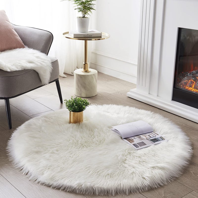 SERISSA Soft Round Faux Sheepskin Fur Area Rug White Circle Fluffy Rugs Circular Shaggy Rug Plush Circle Carpet Play Mats for Kids Girls Room Princess Castle Christmas 5ft Diameter