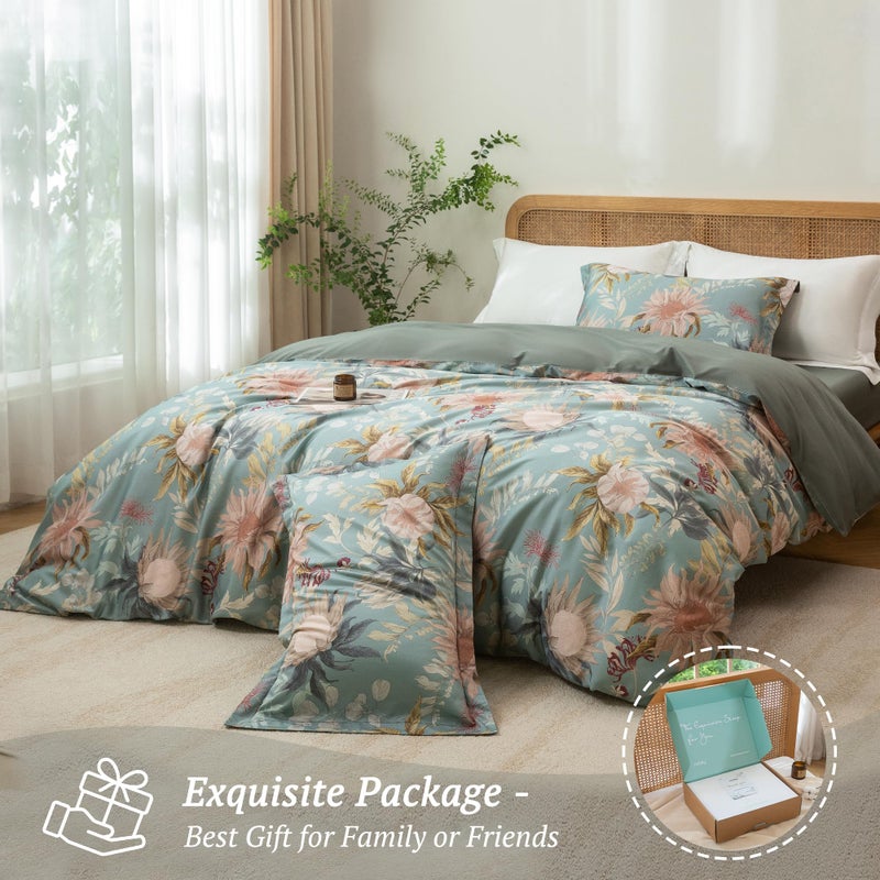 MILDLY Queen Size Duvet Cover Set 100% Long-Staple Cotton Luxury Vintage Floral Patten Reversible Comforter Cover Set 3Pcs - Image 5